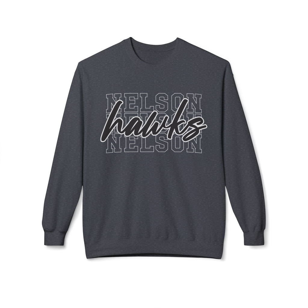 Dark gray sweatshirt with 'Nelson Hawks' text on a white background