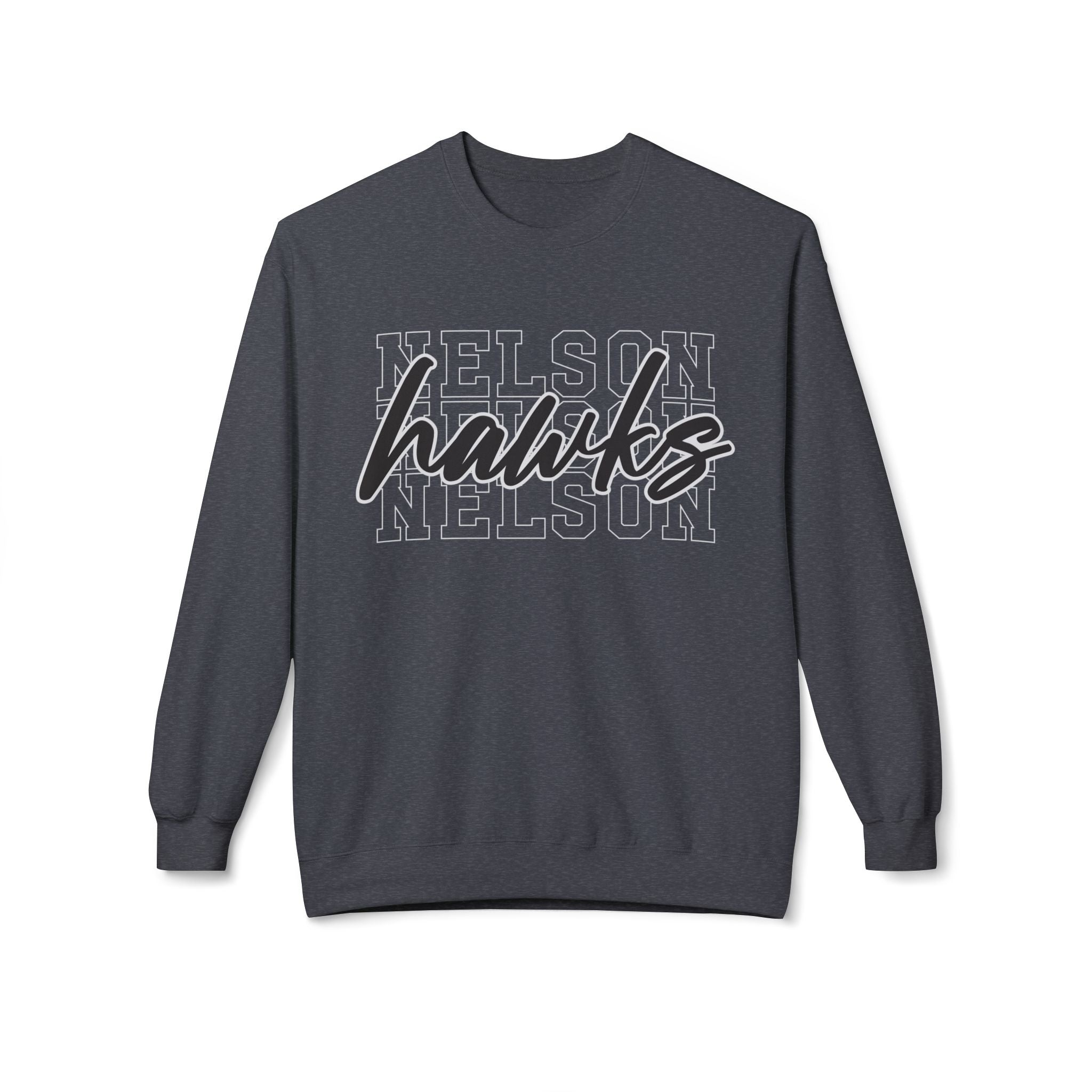 Dark gray sweatshirt with 'Nelson Hawks' text on a white background